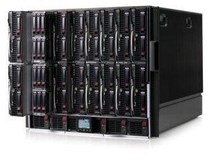 HP BladeSystem c-Class blade server chassis with multiple blade servers installed, showing the front panel with system status LCD display and server handles visible.