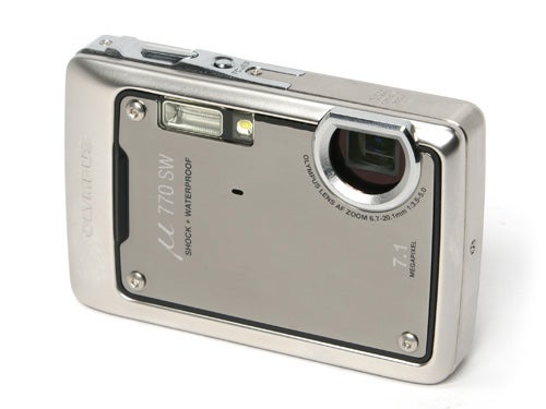 Olympus mju 770 SW digital camera on a white background, showing its silver front casing, lens, and waterproof designation.