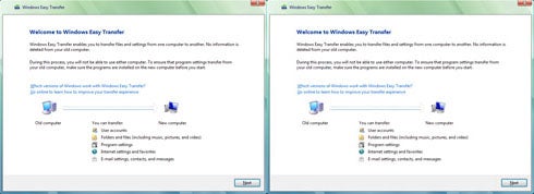 Screenshot of the Welcome to Windows Easy Transfer window on a computer screen, showing the interface for the Belkin Easy Transfer Cable for Windows Vista with options for transferring user accounts, files, program settings, and email messages, settings, and contacts from an old computer to a new one.