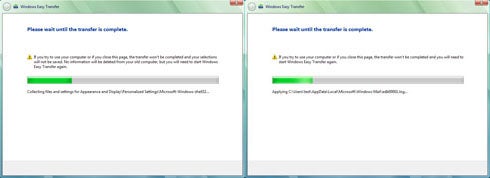 Screenshot of two computer monitors side-by-side showing the progress of a file transfer using the Belkin Easy Transfer Cable for Windows Vista; both screens display a progress window with messages indicating that the transfer is incomplete and include status bars that are partially filled to represent the progress of the operation.