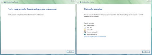 A screenshot displaying the interface of the Windows Easy Transfer software showing two stages: on the left, a prompt indicating readiness to transfer files and settings to a new computer; on the right, a completed transfer status with details of the files and settings transferred successfully.