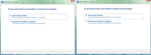 Screenshot of the Windows Easy Transfer dialog box with options to start a new transfer or continue a transfer in progress.