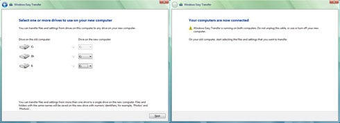 Screenshot of the Belkin Easy Transfer Cable for Windows Vista setup interface, showing the initial selection screen on the left and a successful connection notification on the right.