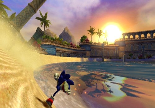 Sonic the Hedgehog character running along a golden shore with sparkling water against a backdrop of a sunset, ancient ruins, and palm trees from the game Sonic and the Secret Rings.