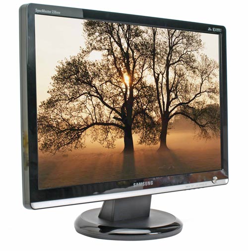 Samsung SyncMaster 226BW monitor displaying a sunset scene with trees on its screen, showcasing the product's display capabilities.