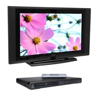 Evesham ALQEMI 42SX 42-inch LCD TV on a stand displaying vibrant pink flowers on the screen, with a black DVD player and remote control in front.