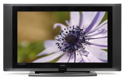 Evesham ALQEMI 42SX 42-inch LCD TV displaying a high-resolution image of a purple flower with detailed petals and stamen.