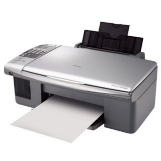Epson Stylus DX7000F multifunction printer with an output paper tray extended and control panel visible on top.