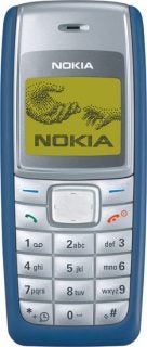 Nokia 1110i mobile phone with a monochrome screen displaying the Nokia logo, blue body, and numerical keypad.