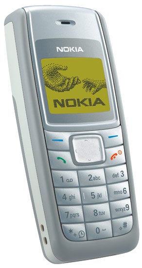 Nokia 1110i mobile phone with monochrome screen displaying Nokia logo, keypad with blue and orange buttons, and white casing.