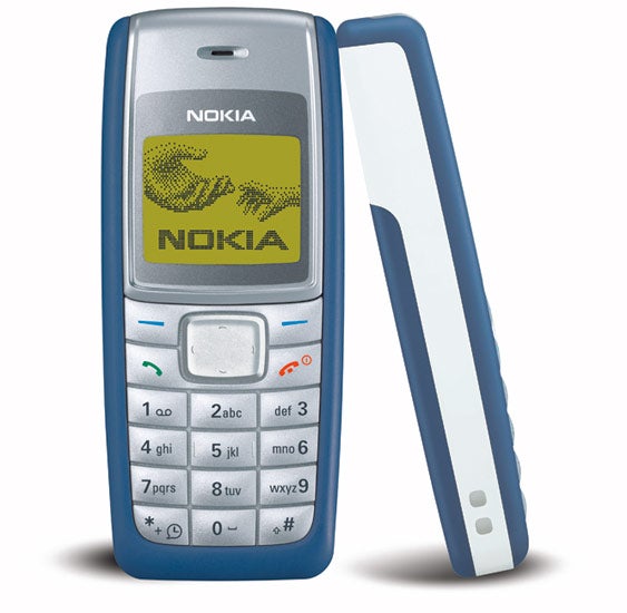 Front and side view of the Nokia 1110i mobile phone showing its keypad, screen with Nokia logo, and blue casing.