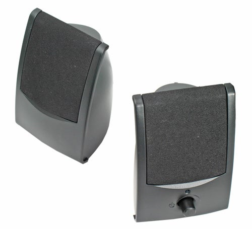 A pair of Gateway GM5066B desktop computer speakers in grey, viewed from an angle showing the front and side profiles.