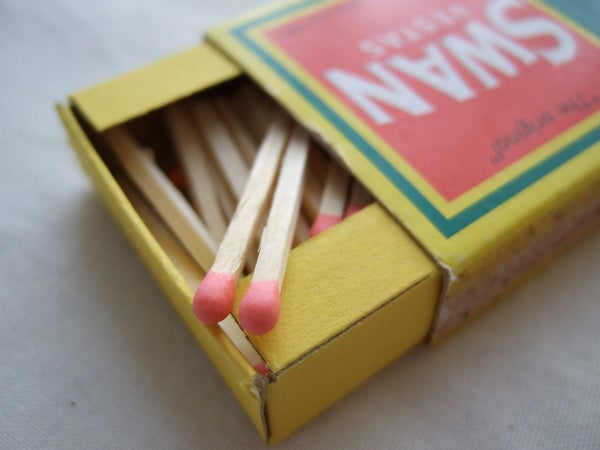 Close-up photo of an open matchbox with several matches, showcasing the detailed texture and color accuracy as captured by the Fujifilm FinePix F20 camera.