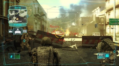 Screenshot from Tom Clancy's Ghost Recon Advanced Warfighter 2 video game showing a first-person view of a soldier in combat with a heads-up display including mission objectives and weapon information.