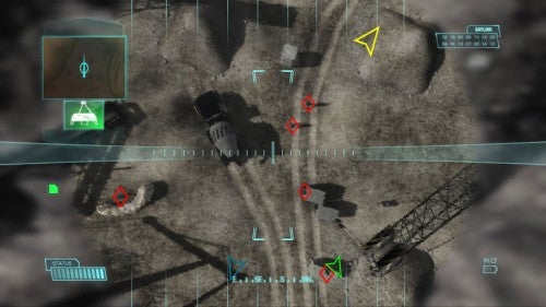 Aerial view from Tom Clancy's Ghost Recon Advanced Warfighter 2 showing a tactical map with various HUD elements including friendly and enemy unit markers, status bars, and an objective indicator.