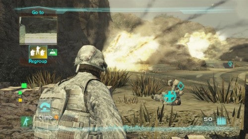 In-game screenshot from Tom Clancy's Ghost Recon Advanced Warfighter 2 showing a third-person view of a soldier in combat gear observing an explosion in the distance, with a Heads-Up Display (HUD) indicating objectives and commands such as 'Go to', 'Regroup', and 'Climb'.