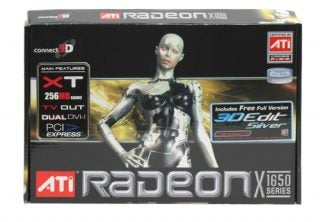 Connect3D ATI Radeon X1650 XT graphics card box with a female android figure, highlighting features like 256 MB GDDR3, TV out, Dual DVI-I, PCI Express, and including a free full version of 3Dc+ Edit Silver software.