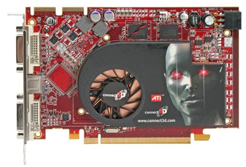 Connect3D ATI Radeon X1650XT graphics card with red PCB, black cooling fan, and distinctive terminator face design.