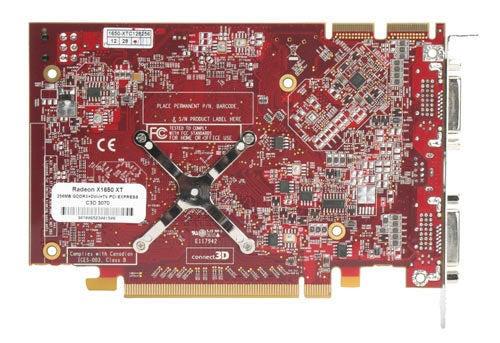 Connect3D Radeon X1650XT graphics card with red PCB, black cross brace, DVI and VGA ports, and visible capacitors and connectors.