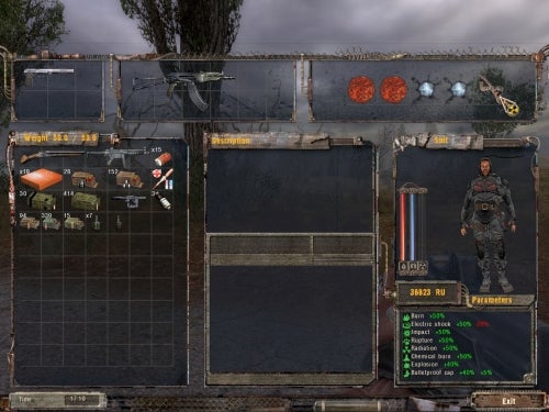 Screenshot of S.T.A.L.K.E.R: Shadow of Chernobyl video game showing the inventory management screen with various in-game items, weapons, and character stats displayed.