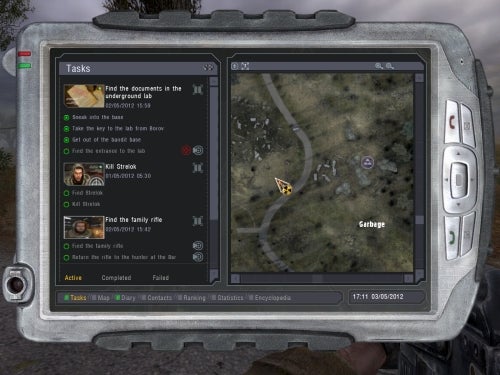 In-game screenshot of S.T.A.L.K.E.R: Shadow of Chernobyl showing the player's PDA with the task menu open, listing current objectives, a mini-map of the area, and two tabs labeled Statistics and Encyclopedia at the bottom.