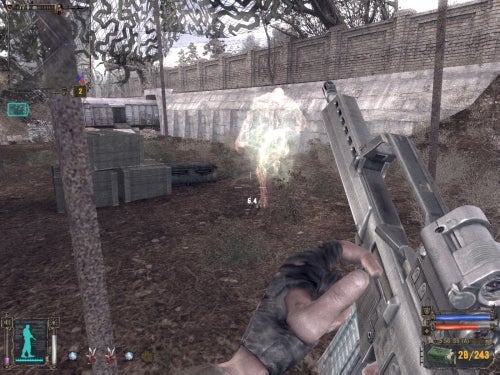 First-person viewpoint from S.T.A.L.K.E.R: Shadow of Chernobyl video game showing a character holding a gun with a ghostly figure in the distance and game HUD elements displayed on screen.