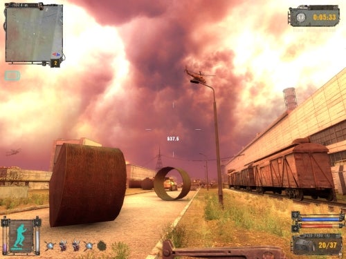 In-game screenshot of S.T.A.L.K.E.R: Shadow of Chernobyl showing a player's first-person view with a health and inventory HUD, as they navigate through a post-apocalyptic environment with a rusted train carriage on the right, industrial buildings in the distance, and ominous clouds overhead.