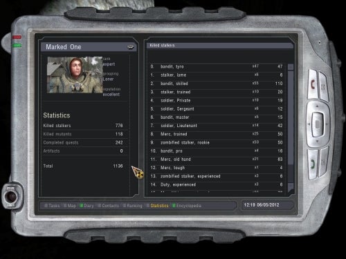 An in-game screenshot from S.T.A.L.K.E.R: Shadow of Chernobyl showing the player's PDA with the statistics tab selected, displaying the character's name 