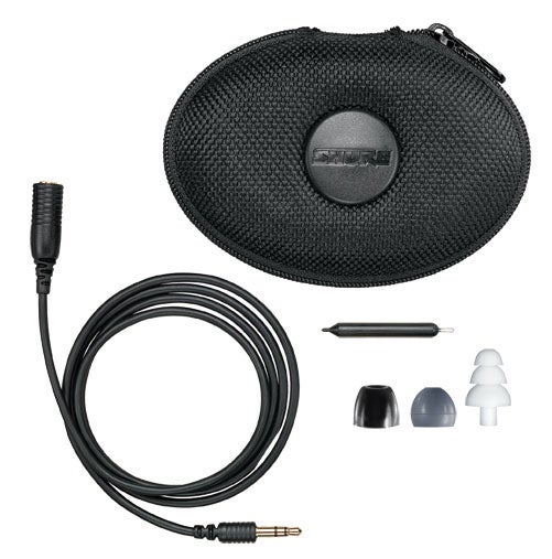 Shure SE310 Noise Isolating Earphones with black cable, ear tips in various sizes, a carrying case, and additional accessories laid out on a white background.