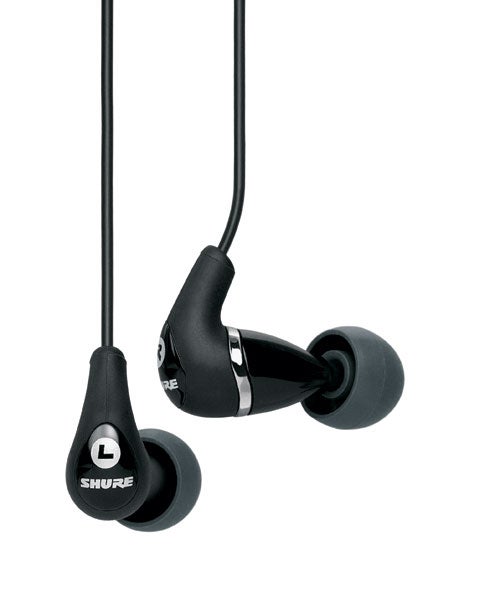 Shure SE310 Sound-Isolating Earphones with black finish and silicone ear tips, featuring left and right earbud labels.