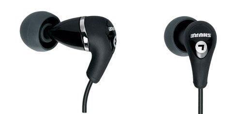 Shure SE310 Noise Isolating Earphones with black and silver design, featuring the distinct Shure branding on the outer part of the earbuds.