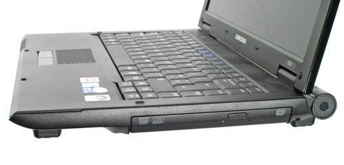 Samsung R20 Aura laptop with black exterior, partially open to show the keyboard, trackpad, and side ports, including a DVD drive.