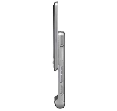 Side view of the LG Shine KE970 mobile phone showcasing its slim profile and metallic finish.