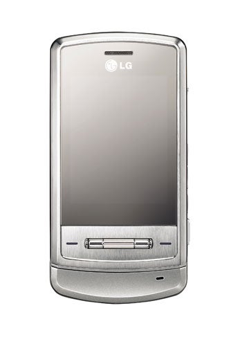 LG Shine KE970 mobile phone with a reflective screen and metallic finish, featuring a sliding design with visible control buttons at the bottom.