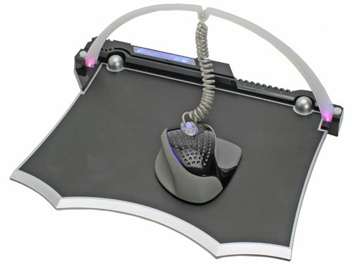 Fanatec Headshot controller with unique mouse and mousepad combo, featuring a curvy design, cord holder, and integrated lights.