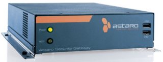 Astaro Security Gateway 110 hardware appliance with status LEDs illuminated and visible USB and console ports.