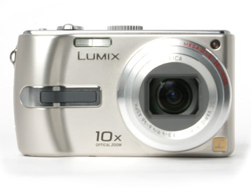 Silver Panasonic Lumix DMC-TZ2 digital camera with a 10x optical zoom lens on a white background.