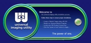 Screenshot of Universal Imaging Utility software installation welcome screen with logo and step-by-step instructions for setting up a master image and locating a product license key.