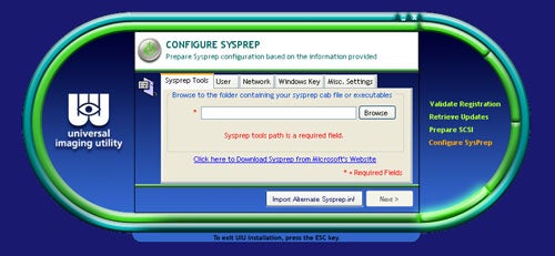 Screenshot of Universal Imaging Utility's Sysprep configuration interface with options for user, network, Windows key, and miscellaneous settings.