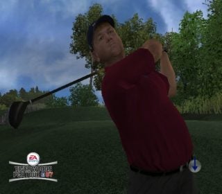 A screenshot of Tiger Woods taking a swing in the video game Tiger Woods PGA Tour 07 with the game's logo visible in the corner.