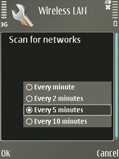 Screenshot of Nokia E65 Wireless LAN network scanning options with intervals every 1, 2, 5, and 10 minutes.