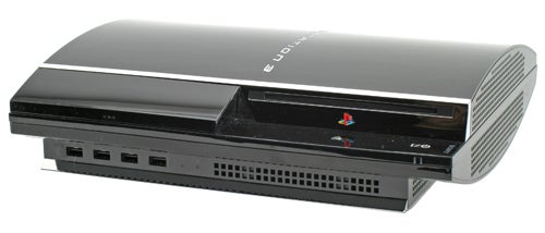 Black Sony PlayStation 3 console with logo and buttons visible, isolated on a white background.