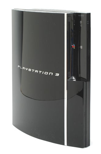 Sony PlayStation 3 console standing upright with a visible logo, glossy black finish, and silver trim.