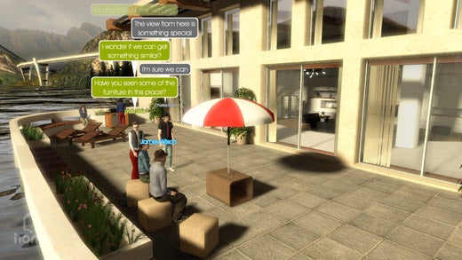 Screenshot of Sony PlayStation 3 gameplay showing characters seated under a parasol by a modern building, with dialogue boxes overhead indicating in-game conversation.