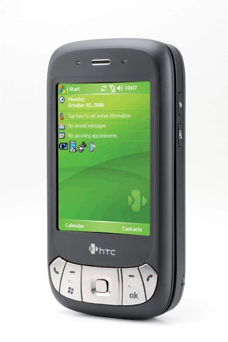 HTC P4350 smartphone displayed vertically with screen showing date, time, and shortcuts to messages, calendar, and contacts.