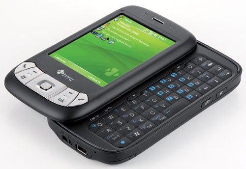 HTC P4350 smartphone with slide-out QWERTY keyboard and screen displaying the Windows Mobile operating system.