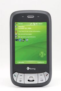 HTC P4350 smartphone displayed against a white background, showing the home screen with date and shortcuts visible.