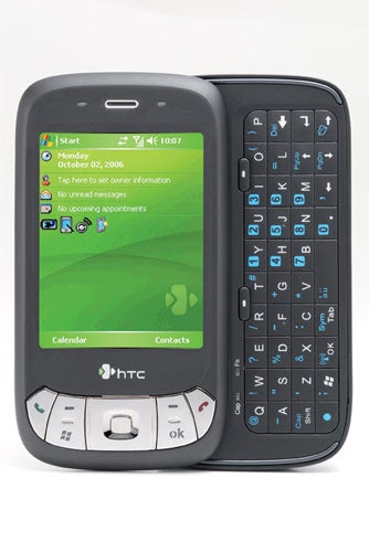 HTC P4350 smartphone with slide-out QWERTY keyboard displayed, showing the screen and buttons on a white background.