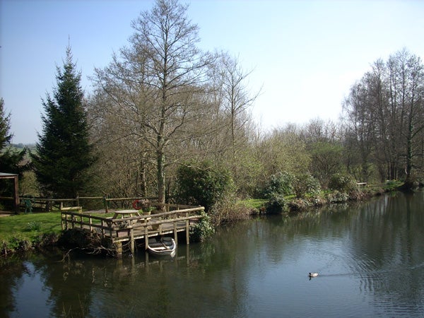 Photograph showcasing the image quality of Nikon CoolPix L10 featuring a serene pond with a wooden pier, trees, and a duck swimming in clear daylight conditions.