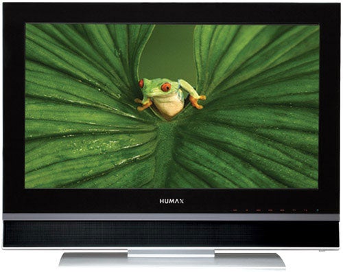 Humax LP32-TDR1 32-inch LCD television displaying a vibrant image of a frog on a green leaf, with the Humax logo visible below the screen and control buttons illuminated on the front panel.